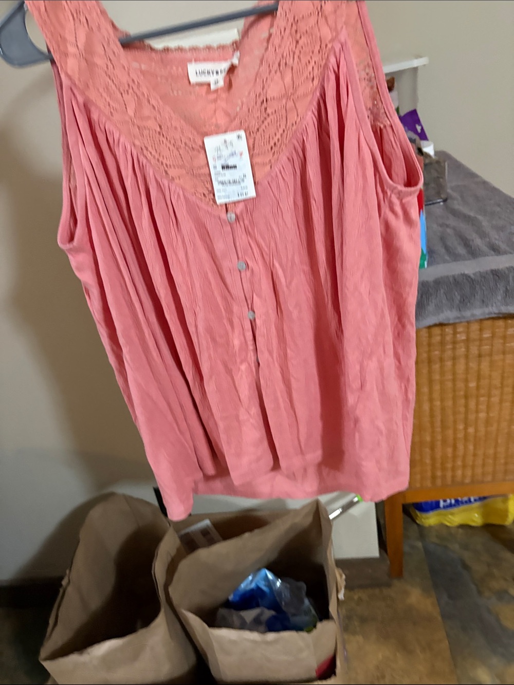 Lucky Brand Coral Crochet Yoke Button-Front Tank